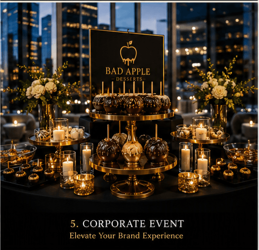 Corporate dessert display with Bad Apple caramel apples