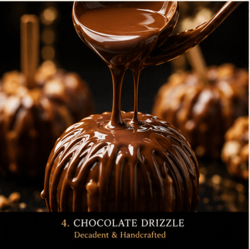 Chocolate drizzle being poured over a caramel apple