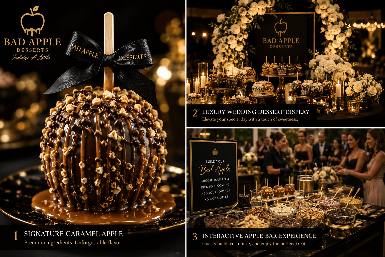 Bad Apple Desserts signature caramel apple, wedding display, and interactive apple bar